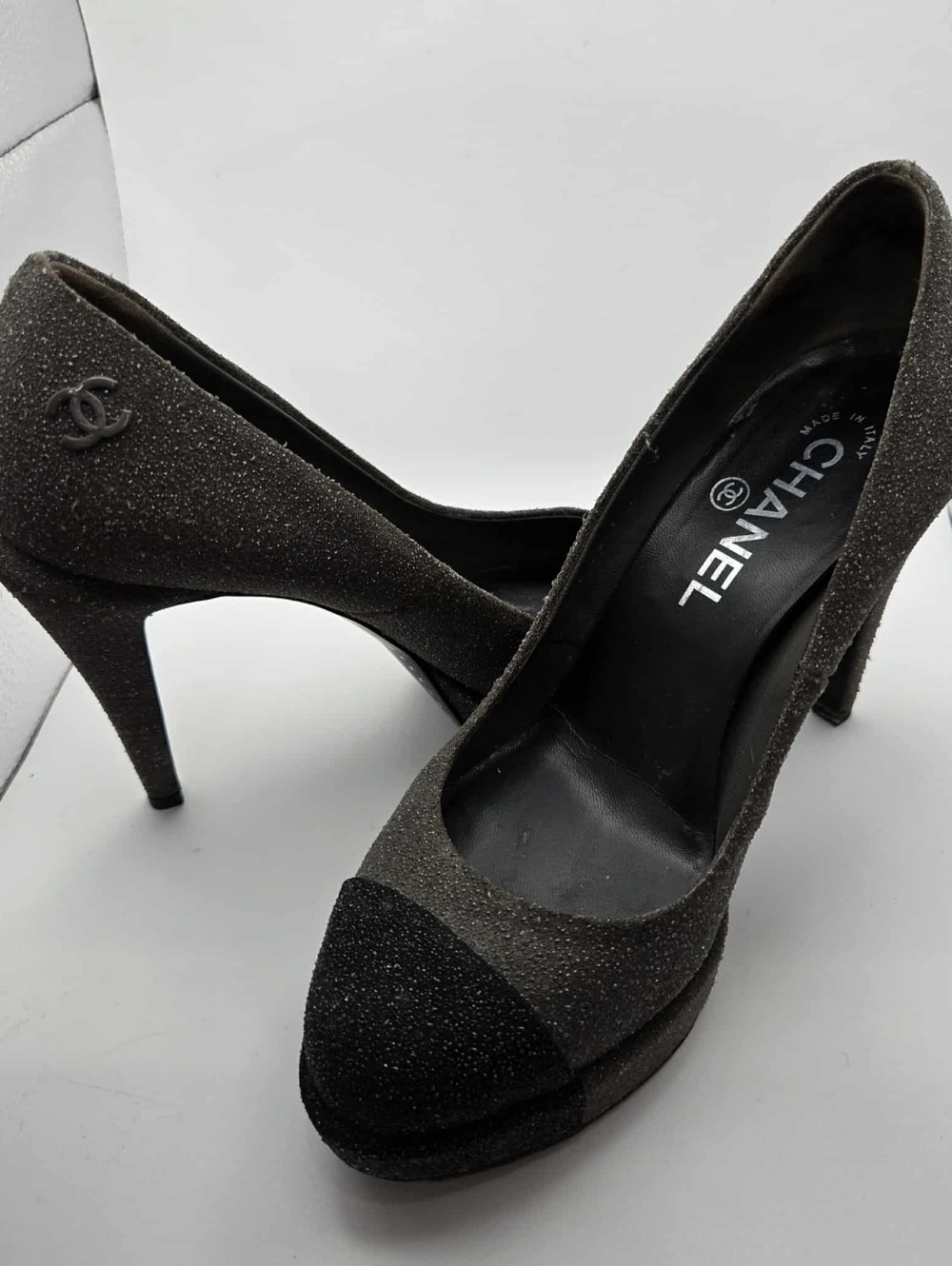 Authentic CHANEL Glitter Sparkle Platform Pumps Brown CC Logo EU 36.5